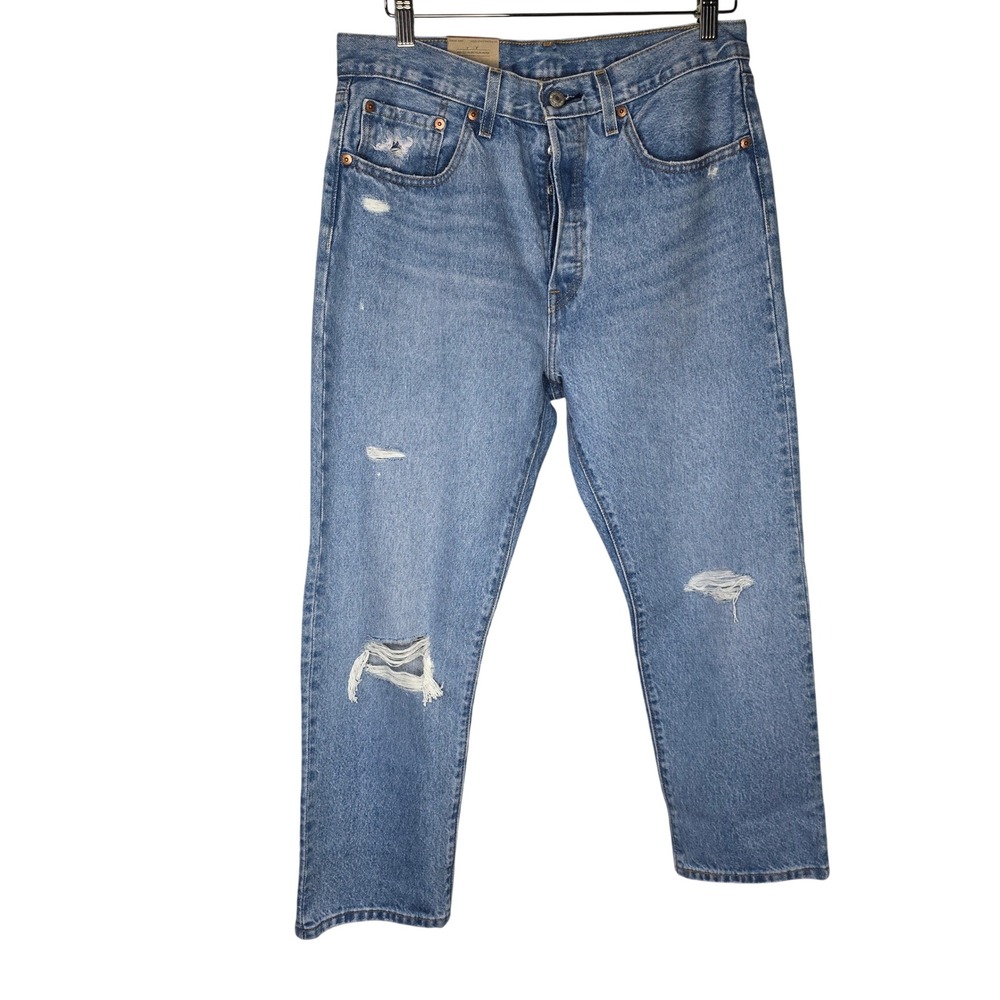 Levi's 501 Original Cropped Jeans Women 30x26 Blue Cotton‎ Distressed Denim